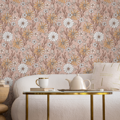 Papel pintado floral bohemio rosa / Papel pintado autoadhesivo / Papel pintado extraíble / Decoración del hogar / Arte de pared / Decoración de habitación - D377
