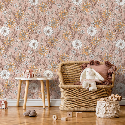 Papel pintado floral bohemio rosa / Papel pintado autoadhesivo / Papel pintado extraíble / Decoración del hogar / Arte de pared / Decoración de habitación - D377