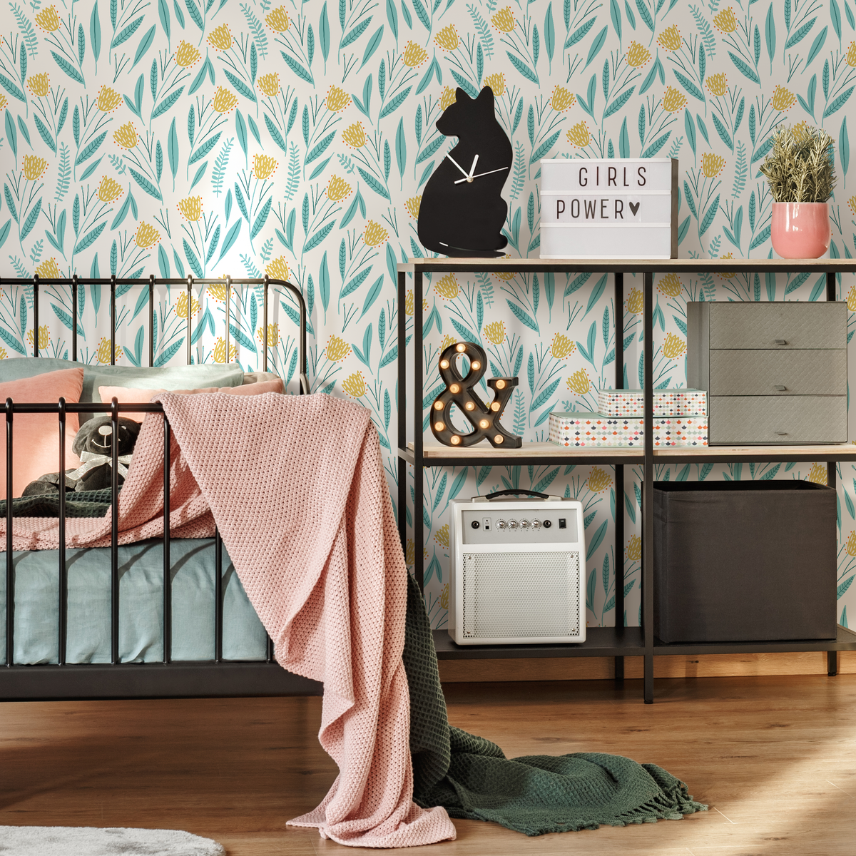 Floral Wallpaper with a Stylized Wildflower Motif in Yellow and Light Blue - detail view