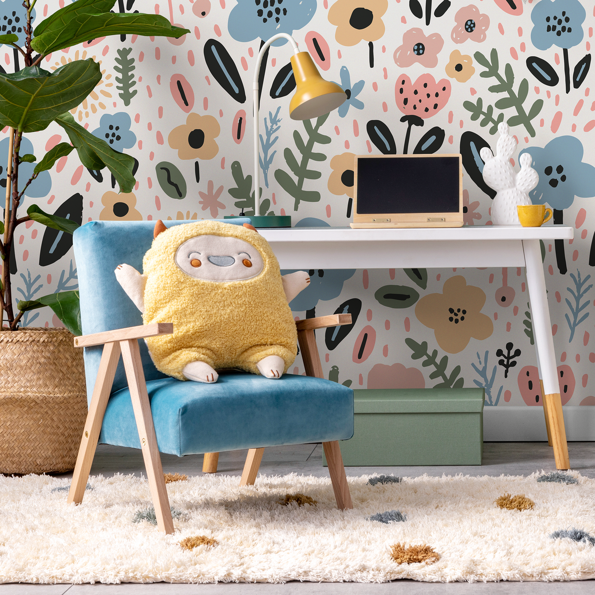 Floral Wallpaper with a Whimsical Meadow Motif in Blue, Pink, and Yellow - detail view
