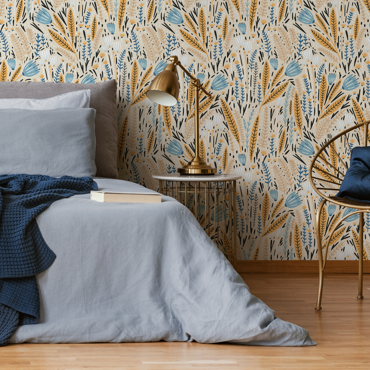 Floral Wallpaper with a Scandinavian Meadow Motif in Blue, Yellow, and Black - detail view