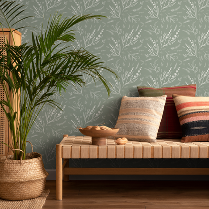 Savage Green Wildflower Wallpaper / Peel and Stick Wallpaper Removable Wallpaper Home Decor Wall Art Wall Decor Room Decor - D401