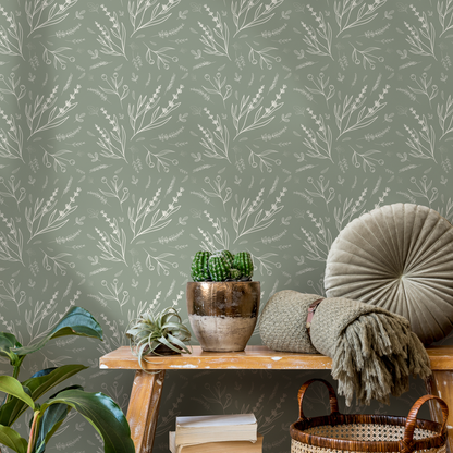 Savage Green Wildflower Wallpaper / Peel and Stick Wallpaper Removable Wallpaper Home Decor Wall Art Wall Decor Room Decor - D401