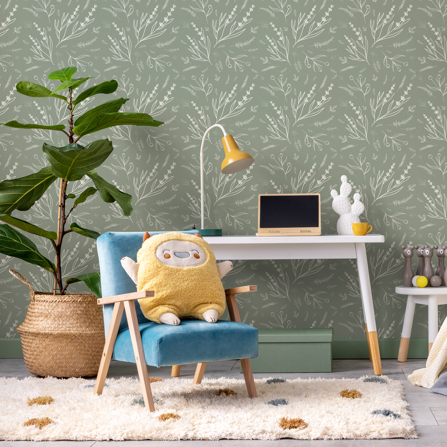 Savage Green Wildflower Wallpaper / Peel and Stick Wallpaper Removable Wallpaper Home Decor Wall Art Wall Decor Room Decor - D401