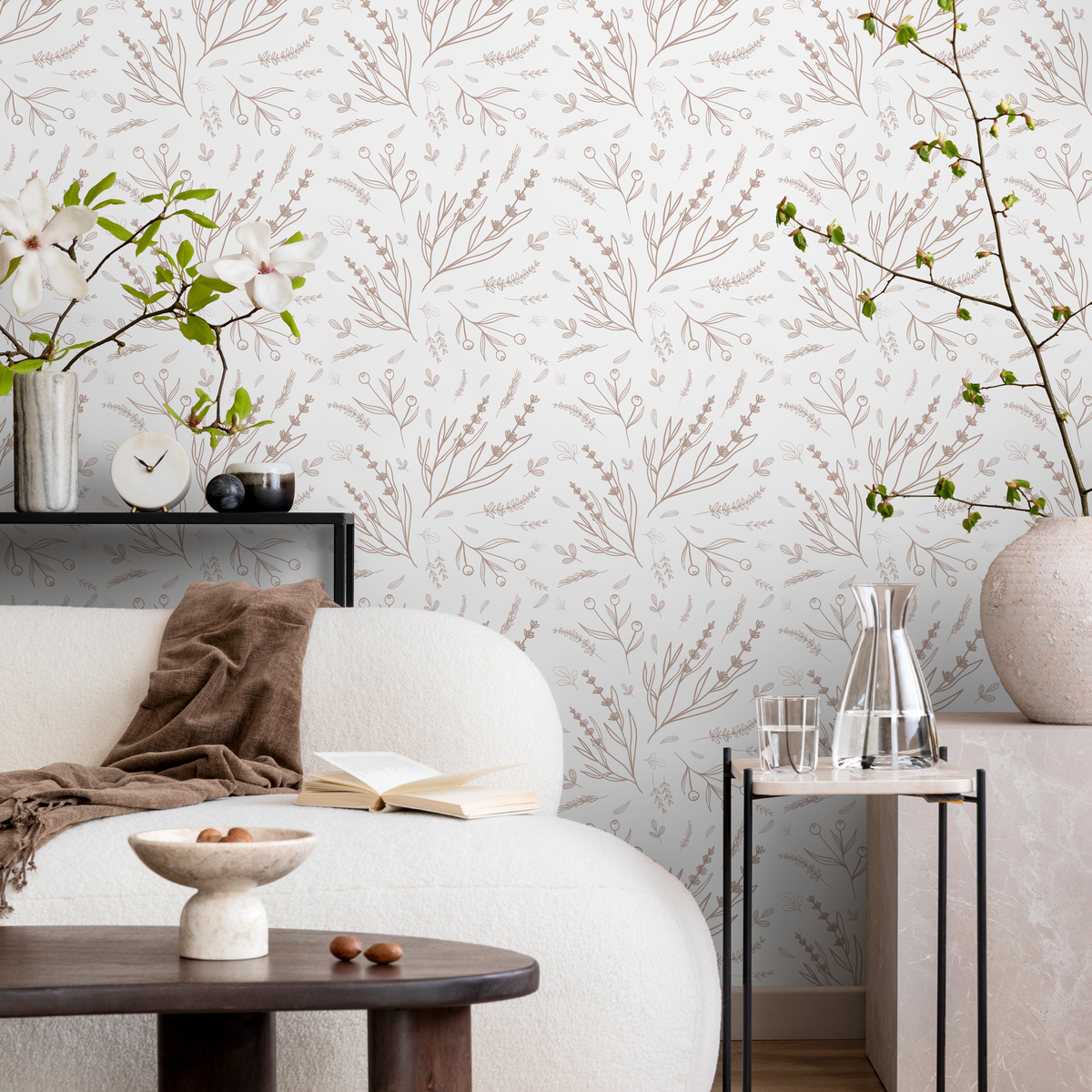 Botanical Wallpaper with Minimalist Wildflower Sketches in Taupe - detail view