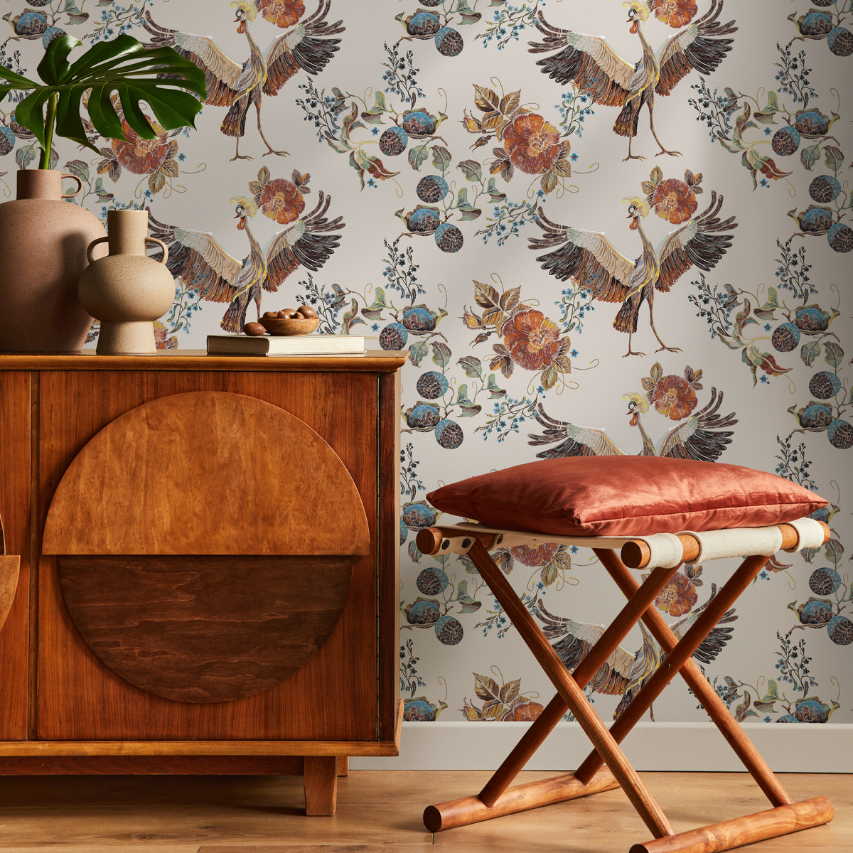 Vintage Floral and Bird Wallpaper with an Embroidered Motif in Orange and Blue - detail view