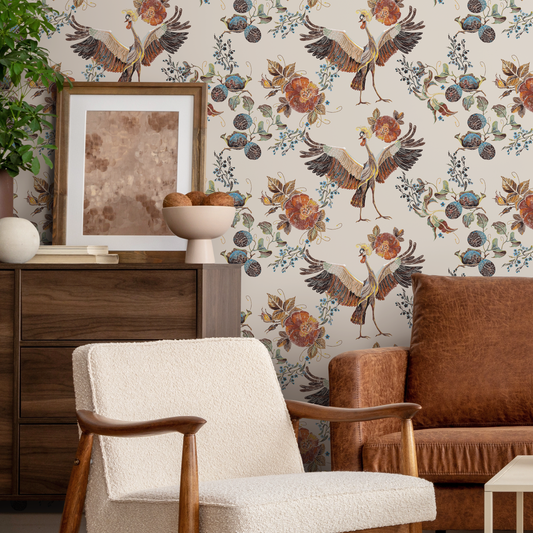 Vintage Floral and Bird Wallpaper / Peel and Stick Wallpaper Removable Wallpaper Home Decor Wall Art Wall Decor Room Decor - D404