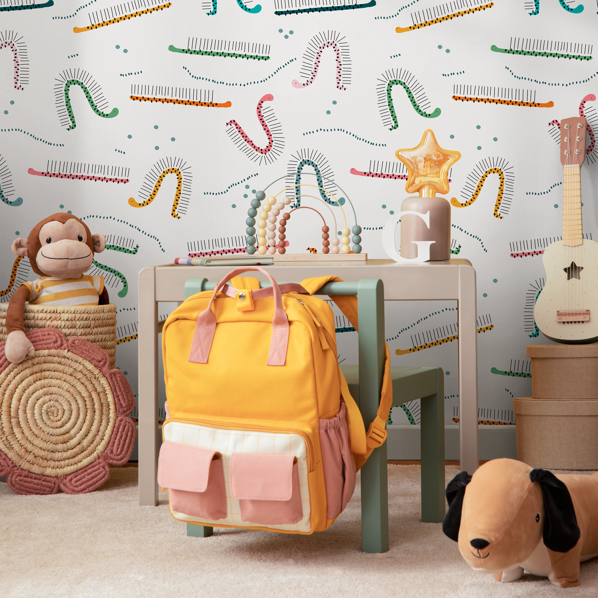 Abstract Wallpaper with Whimsical Caterpillar Motifs in Teal, Orange, and Green - detail view