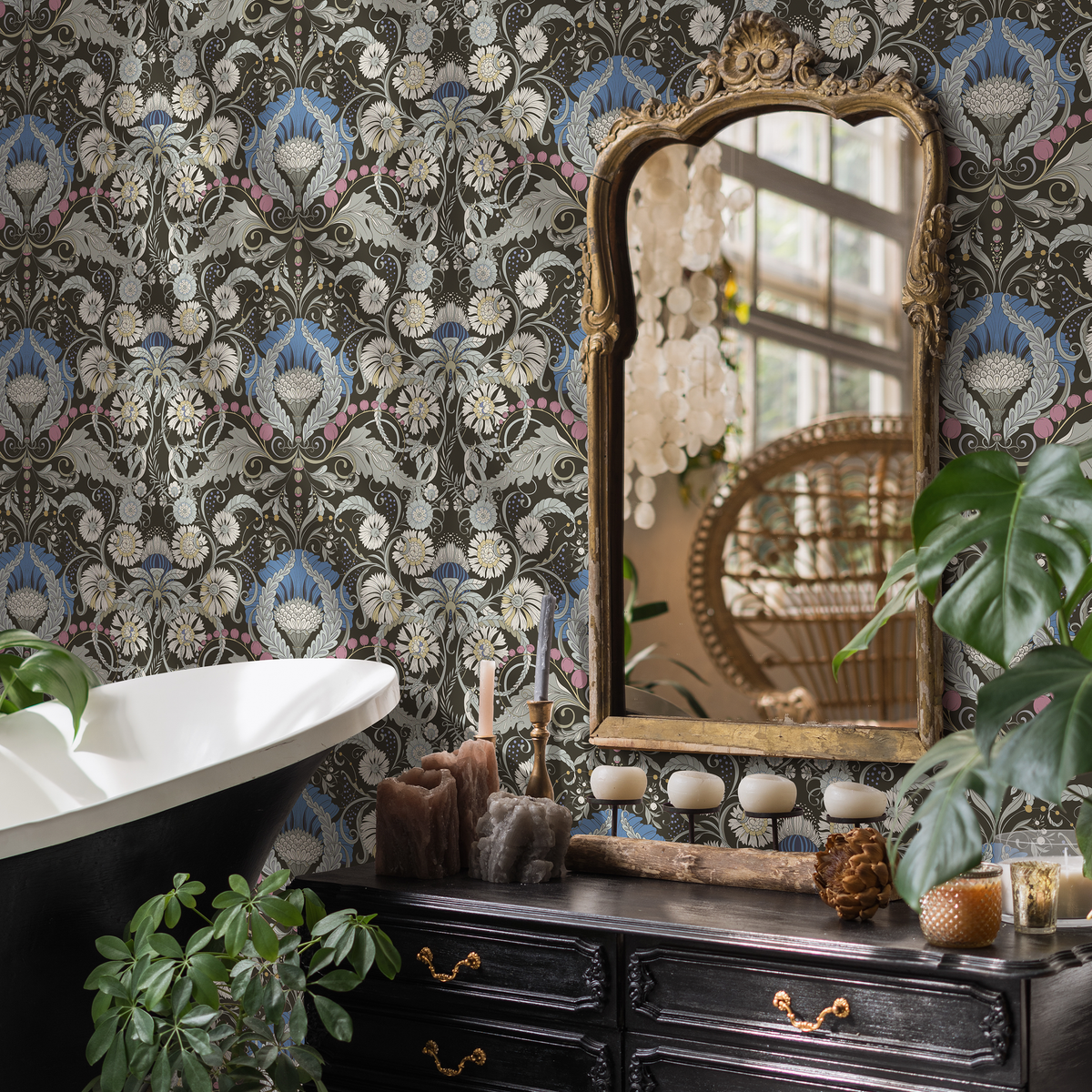 Art Nouveau Wallpaper with a Floral Damask Motif in Brown, Blue, and Pink - detail view