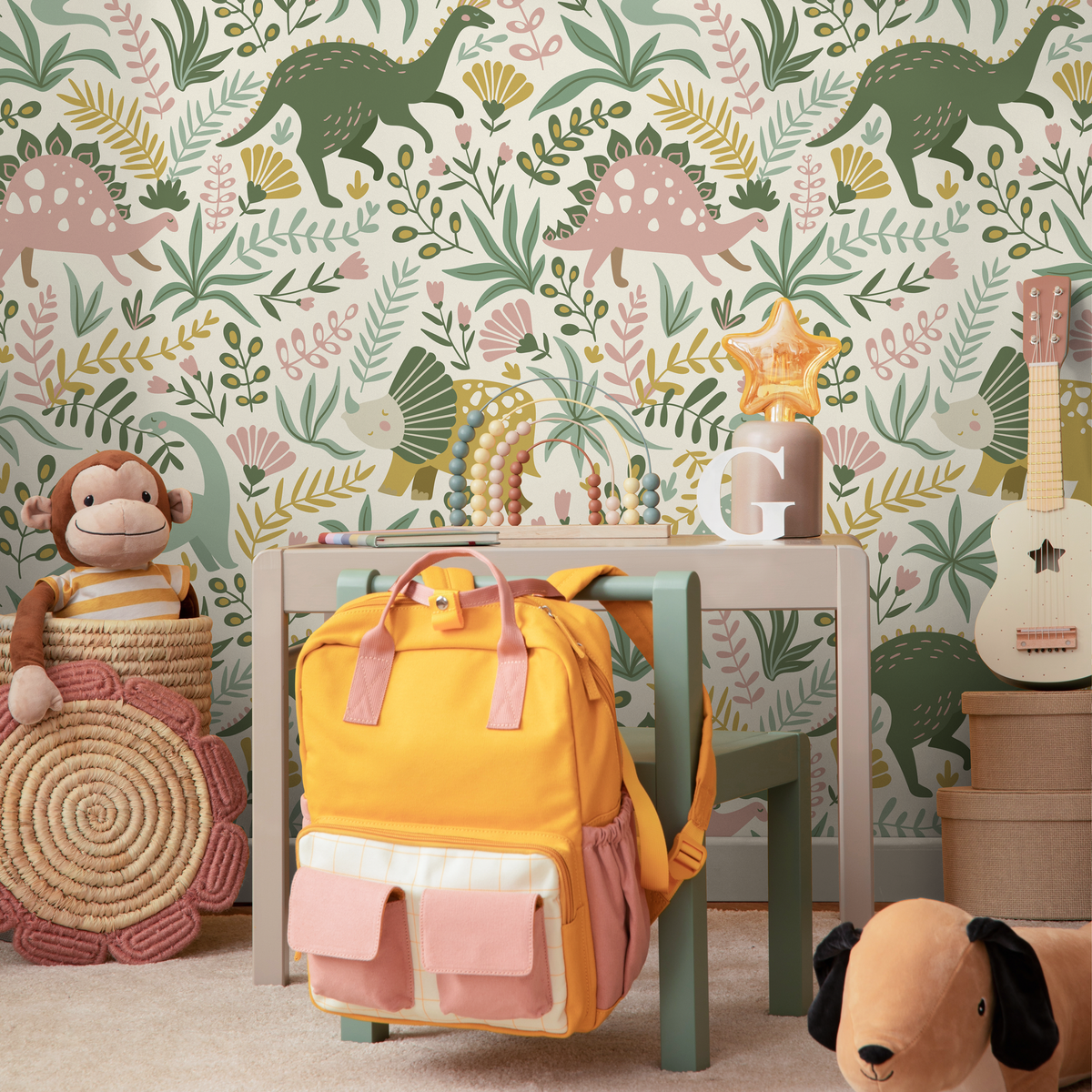 Dinosaur Wallpaper with Botanical Elements in Pink, Green, and Yellow - detail view