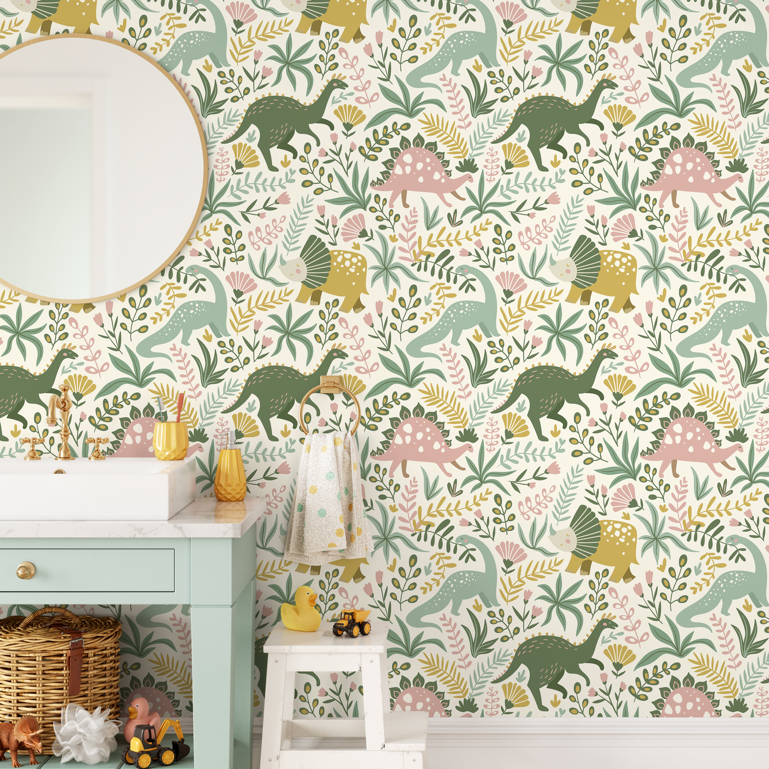 Dinosaur Wallpaper with Botanical Elements in Pink, Green, and Yellow - D482