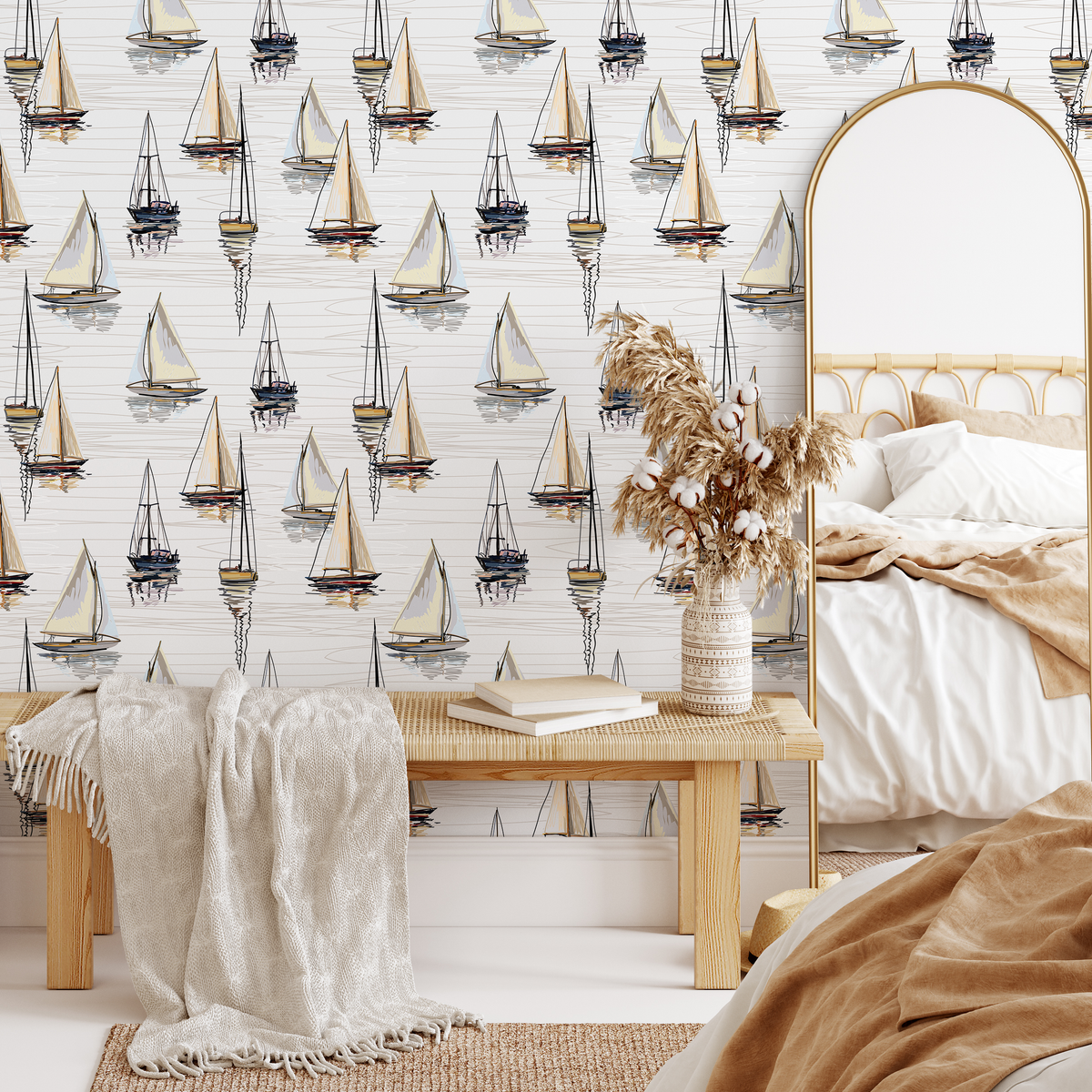 Nautical Wallpaper with a Hand-Drawn Sailboat Motif in Tan, Black, and Blue - detail view