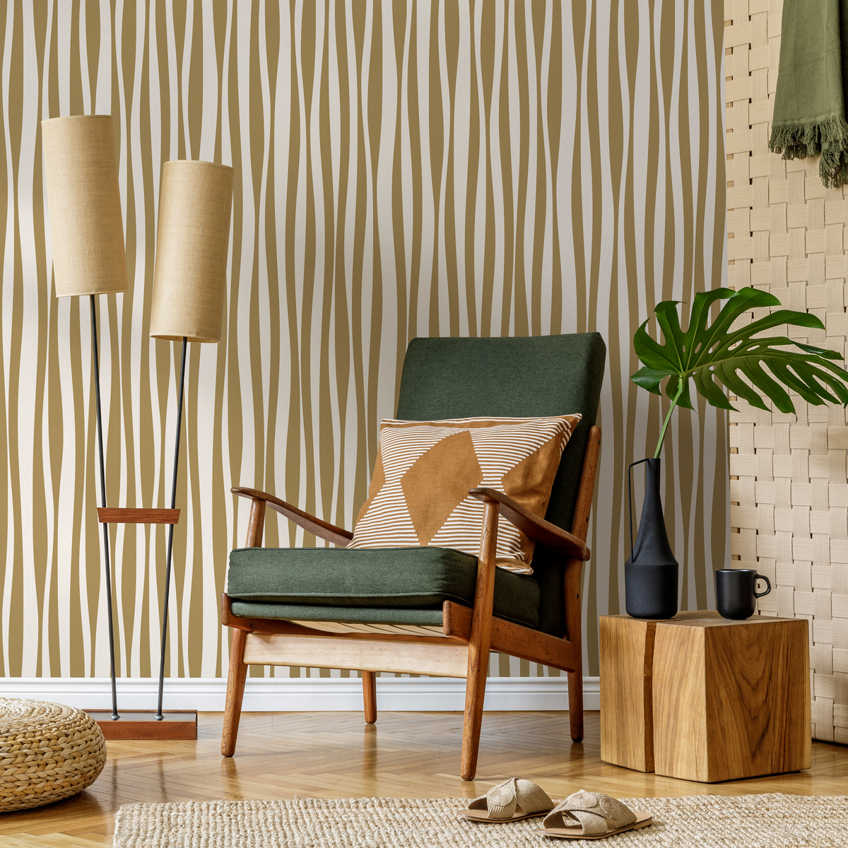 Abstract Wallpaper with Wavy Vertical Stripes in Mustard and Cream - detail view