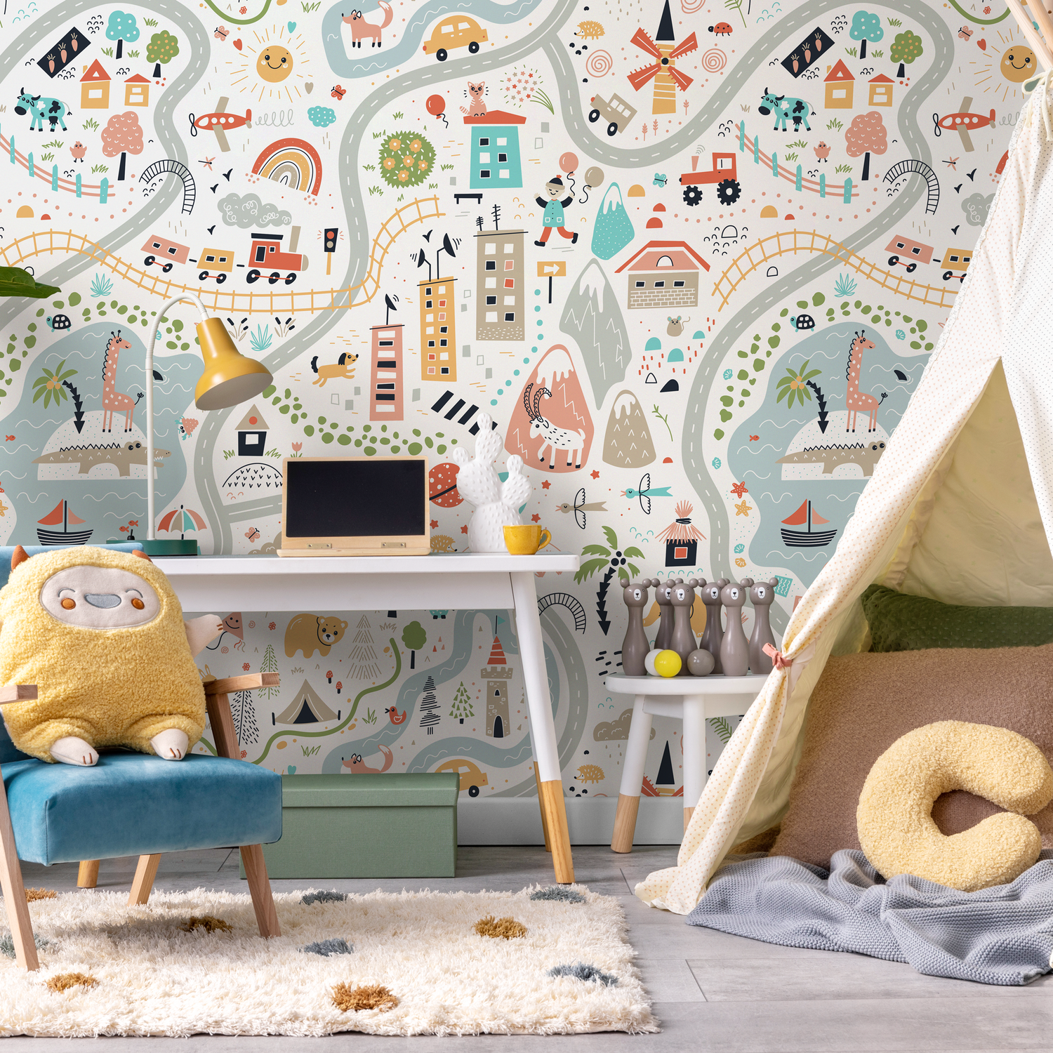 Colorful Town Map Wallpaper / Peel and Stick Wallpaper Removable Wallpaper Home Decor Wall Art Wall Decor Room Decor - D504