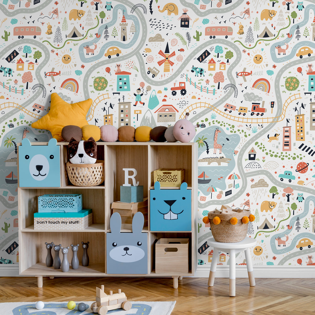 Kids Map Wallpaper with a Town, Roads, and Animals in Blue, Red, and Yellow - detail view