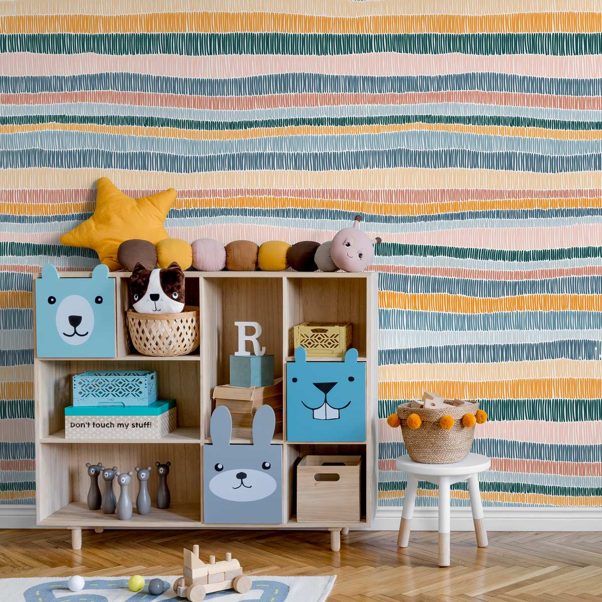 Abstract Wallpaper with Hand-Drawn Stripes in Blue, Green, and Orange - detail view