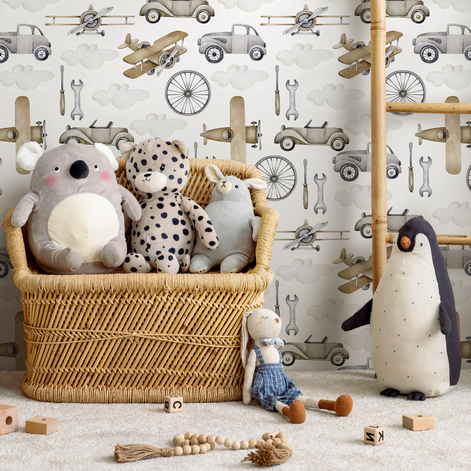 Neutral Airplanes and Cars Wallpaper / Peel and Stick Wallpaper Removable Wallpaper Home Decor Wall Art Wall Decor Room Decor - D528 - ONDECOR.COM