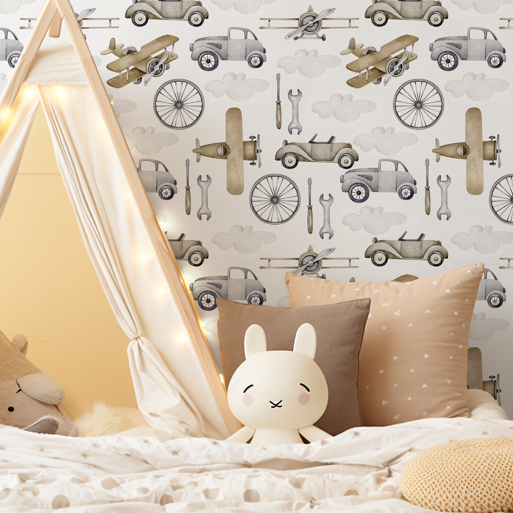 Neutral Airplanes and Cars Wallpaper / Peel and Stick Wallpaper Removable Wallpaper Home Decor Wall Art Wall Decor Room Decor - D528 - ONDECOR.COM