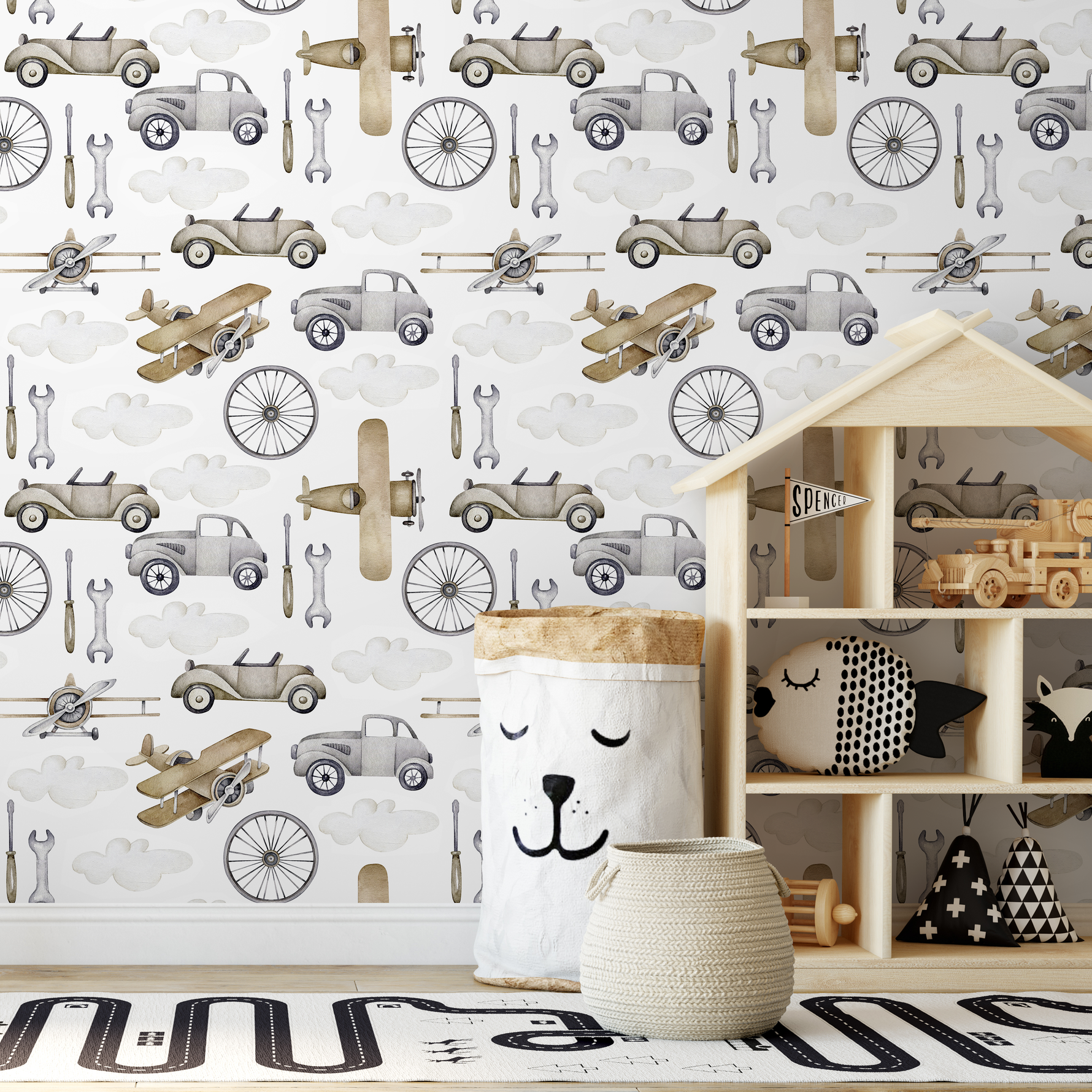Neutral Airplanes and Cars Wallpaper / Peel and Stick Wallpaper Removable Wallpaper Home Decor Wall Art Wall Decor Room Decor - D528 - ONDECOR.COM