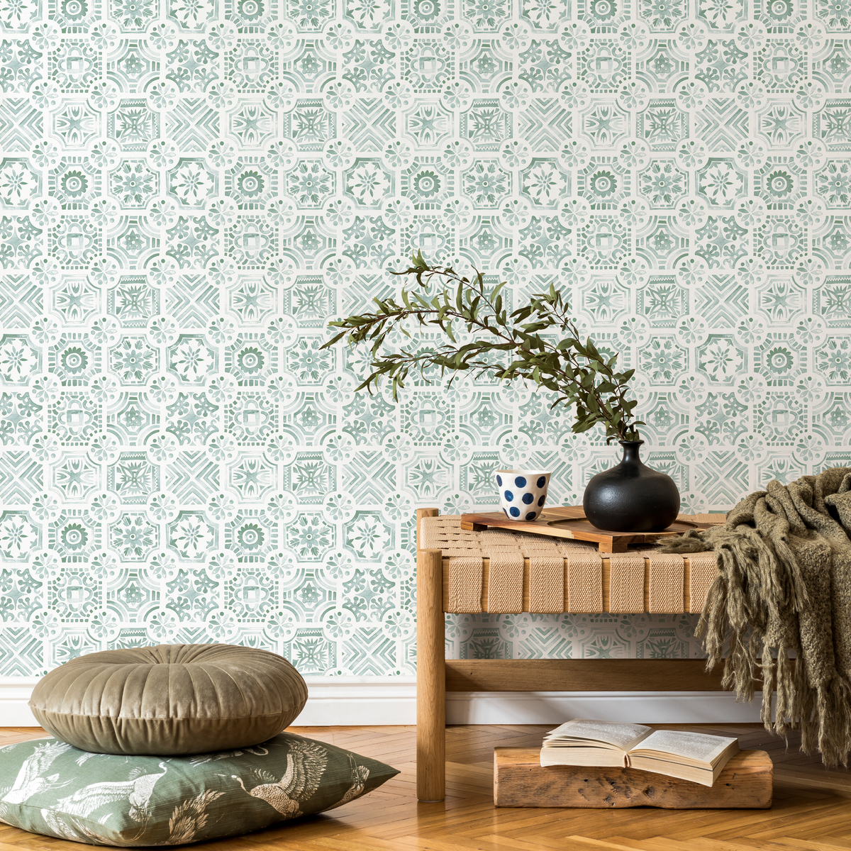 Tile Wallpaper with a Watercolor Mediterranean Motif in Green and White - detail view