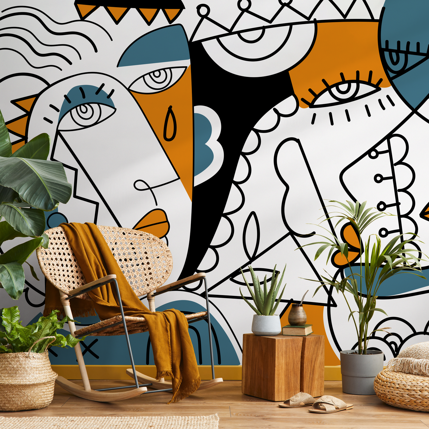 Abstract Faces Wallpaper Modern Mural Peel and Stick Wallpaper Home Decor - D565 - ONDECOR.COM