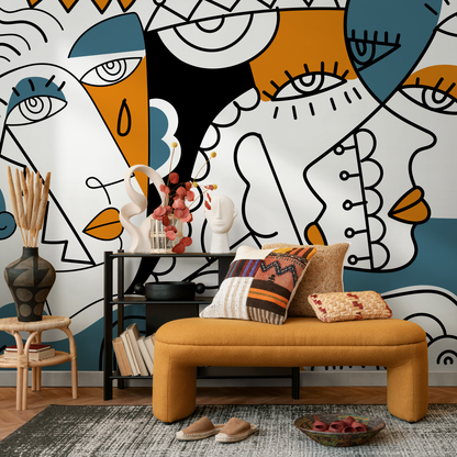 Abstract Faces Wallpaper Modern Mural Peel and Stick Wallpaper Home Decor - D565