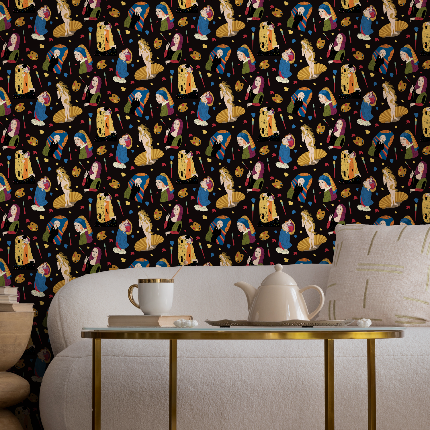 Modern Art Wallpaper with a Classical Art Collage in Black, Gold, and Blue - D572