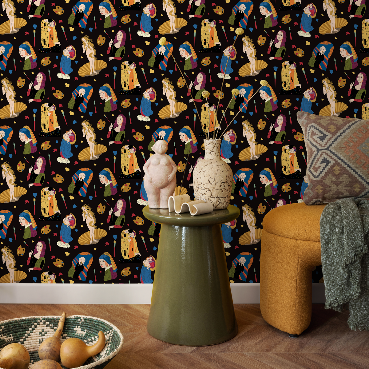 Modern Art Wallpaper with a Classical Art Collage in Black, Gold, and Blue - detail view