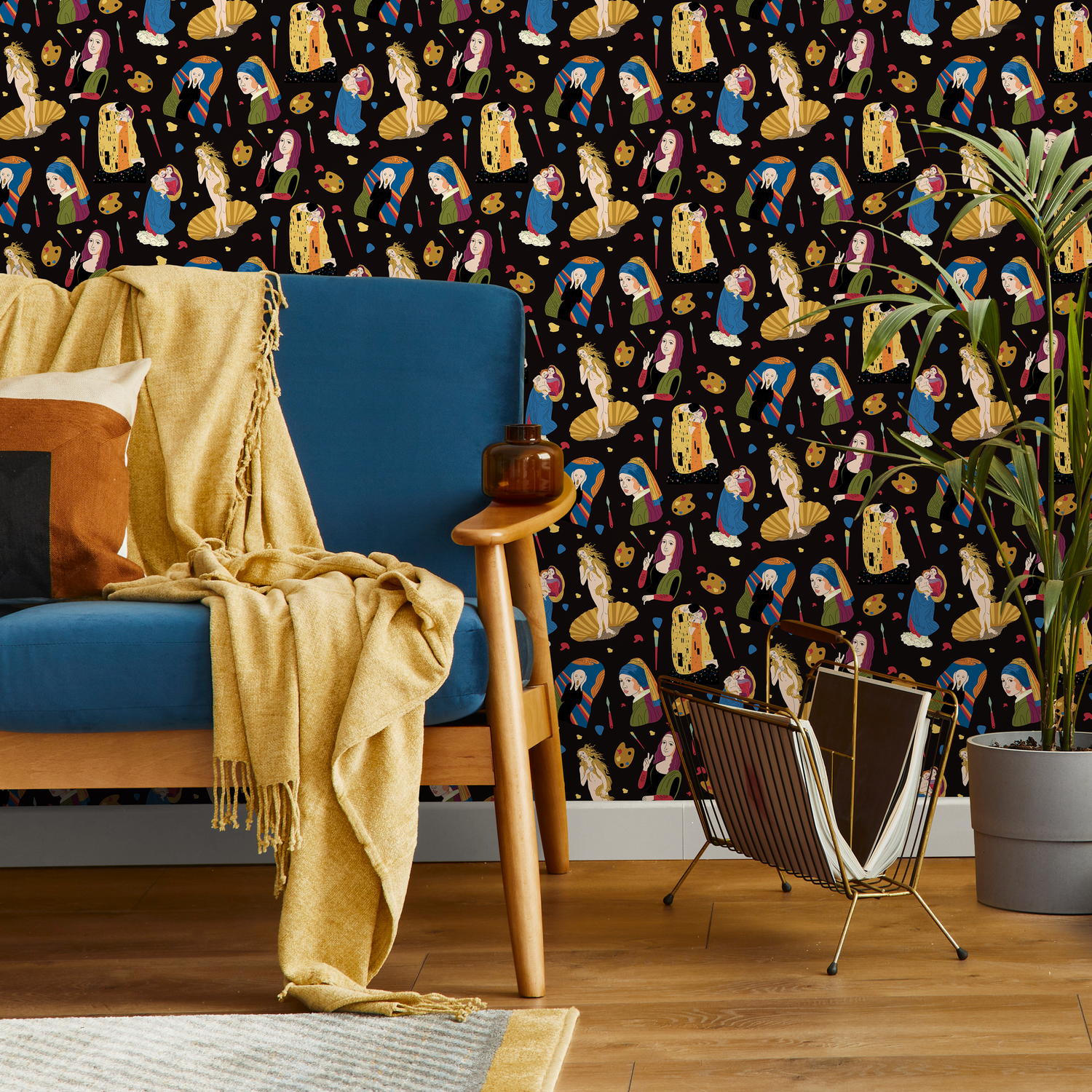 Modern Art Wallpaper with a Classical Art Collage in Black, Gold, and Blue - D572