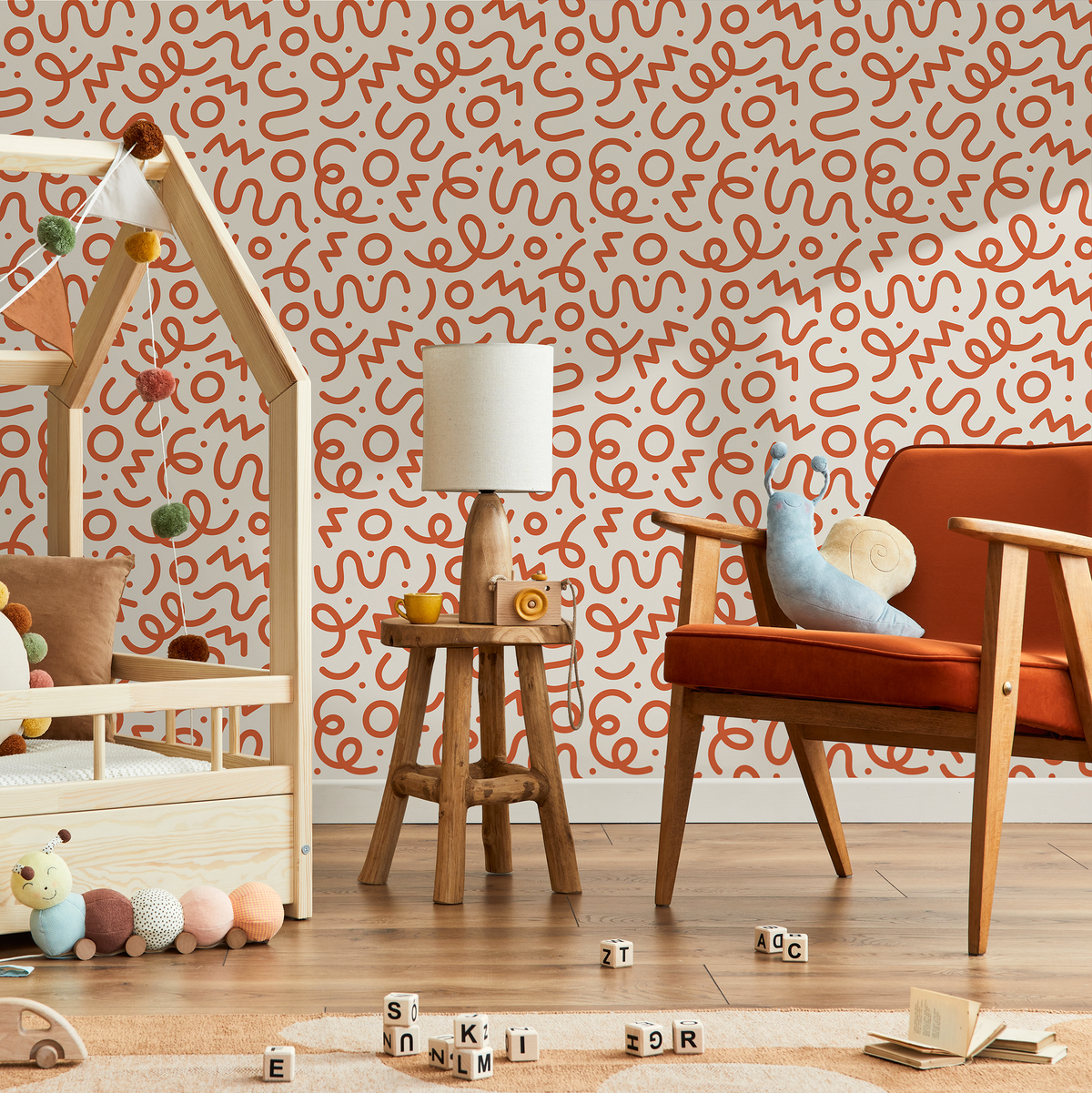 Modern Abstract Wallpaper with Hand-Drawn Squiggles in Red and Beige - detail view