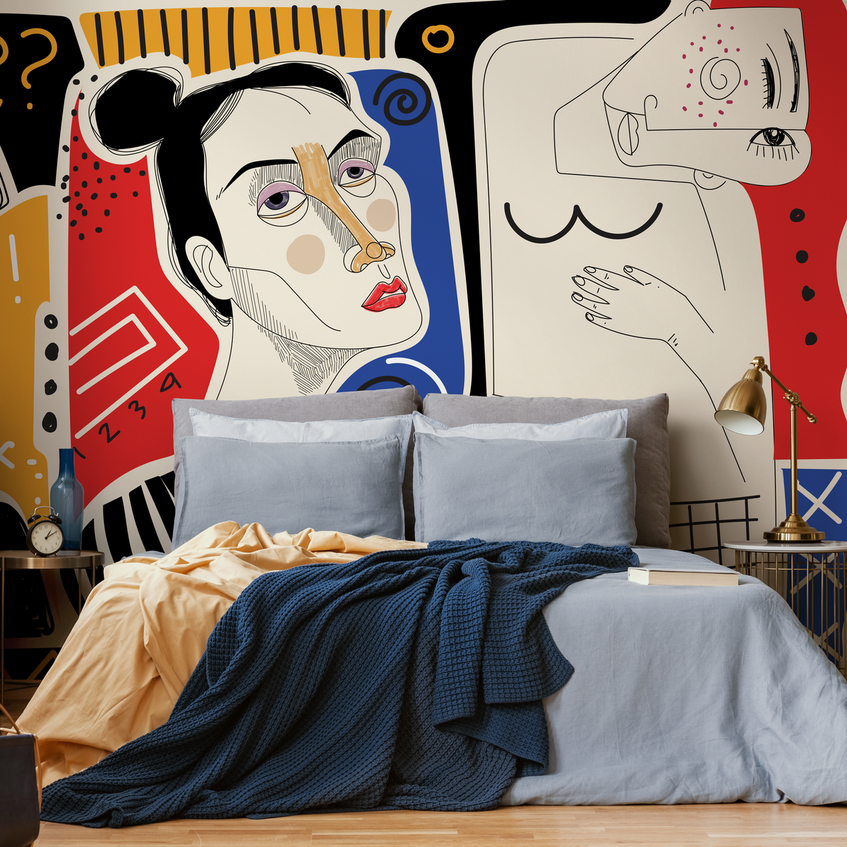Modern Abstract Wallpaper with Hand-Drawn Faces in Red, Yellow, and Blue - detail view