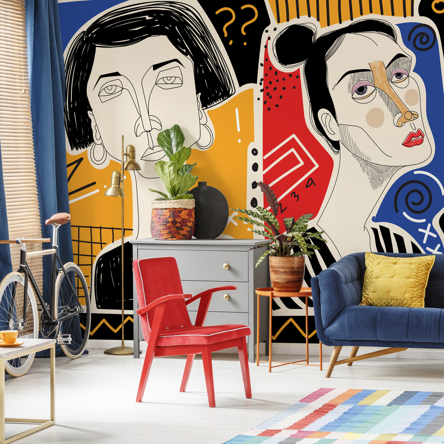 Colorful Abstract Mural Modern Wallpaper Woman Faces Hand Drawing Wallpaper Peel and Stick Wallpaper Home Decor - D579