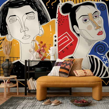 Colorful Abstract Mural Modern Wallpaper Woman Faces Hand Drawing Wallpaper Peel and Stick Wallpaper Home Decor - D579