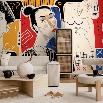 Colorful Abstract Mural Modern Wallpaper Woman Faces Hand Drawing Wallpaper Peel and Stick Wallpaper Home Decor - D579