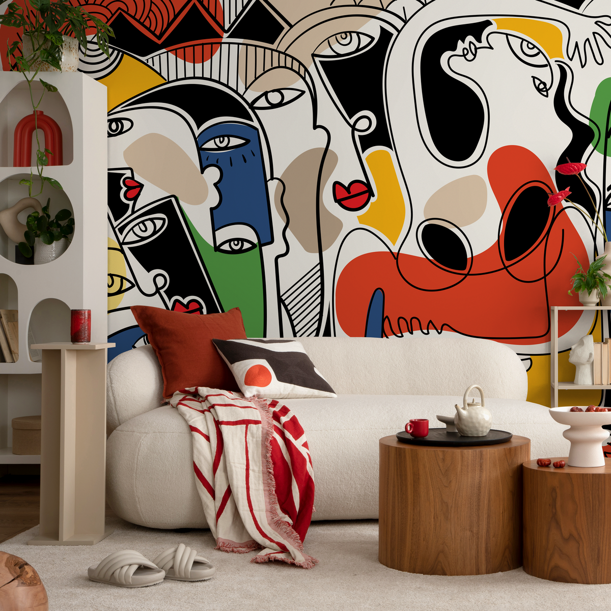 Modern Abstract Wallpaper with Surreal Line Art Faces in Red, Yellow, and Blue - detail view