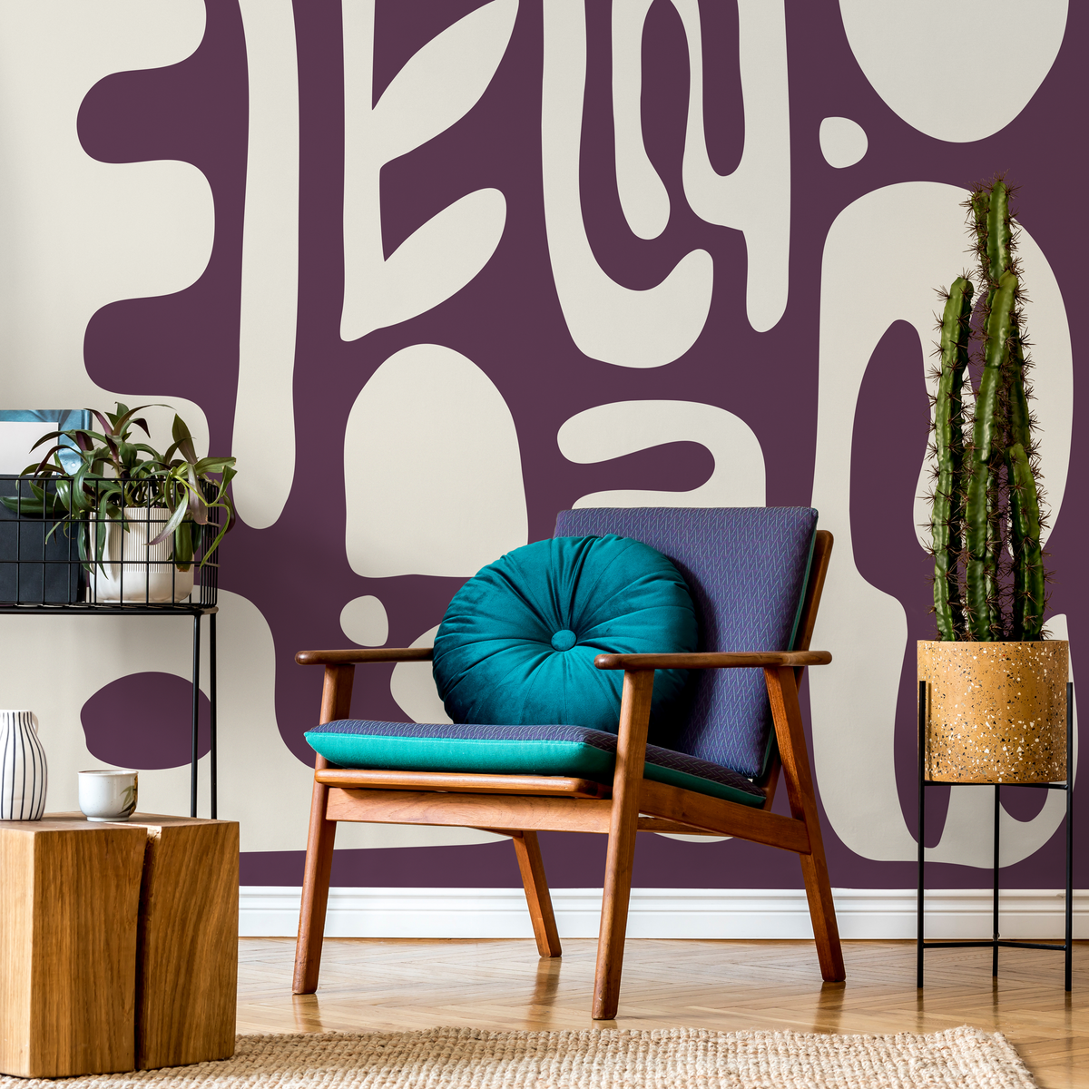 Modern Abstract Wallpaper with Bold Organic Shapes in Purple and Beige - detail view