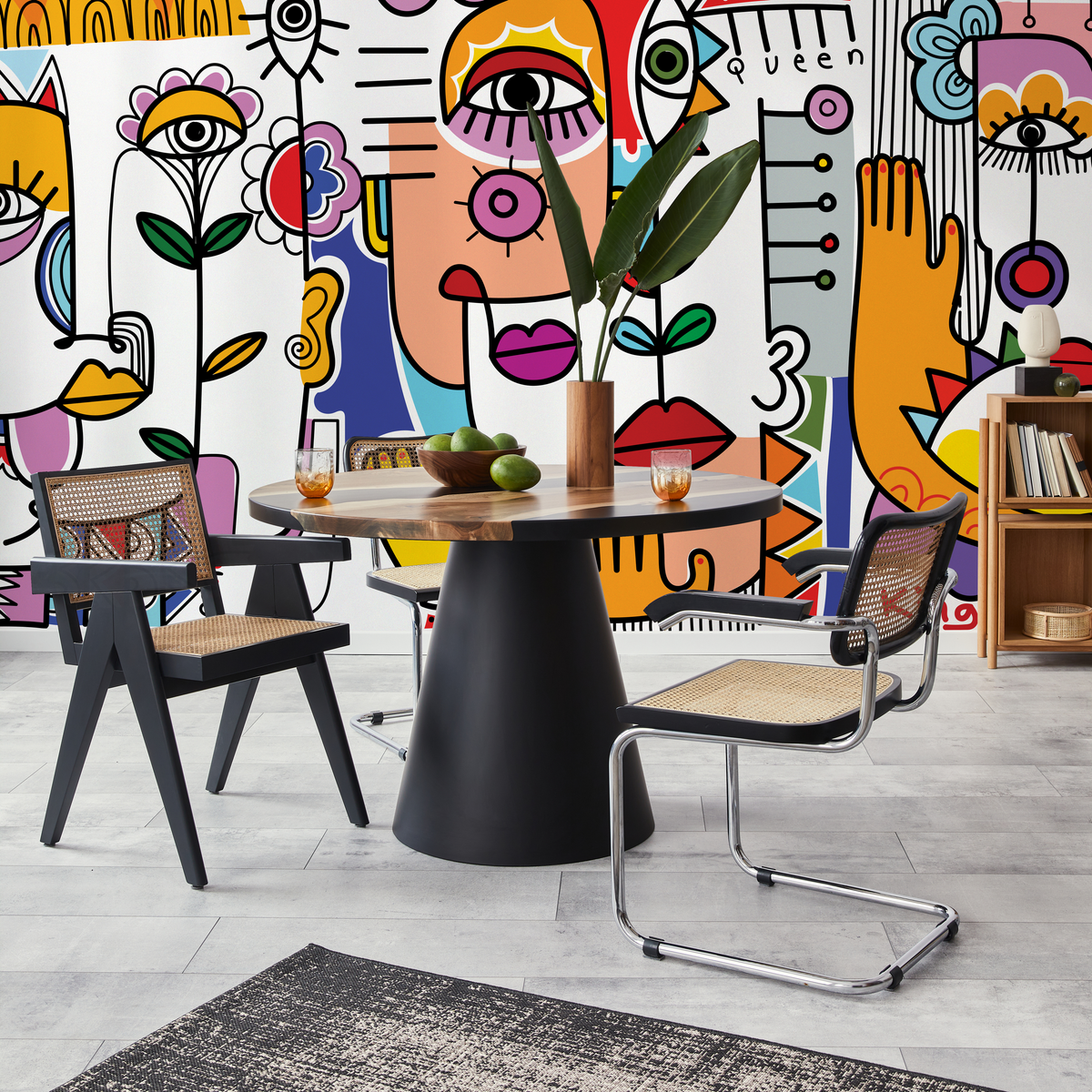 Abstract Wallpaper with a Surrealist Face Mural in Yellow, Red, and Blue - detail view