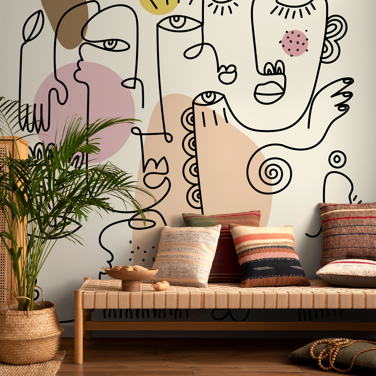 Modern Wallpaper with Modern Line Art Faces in Pink, Brown, and Yellow - detail view