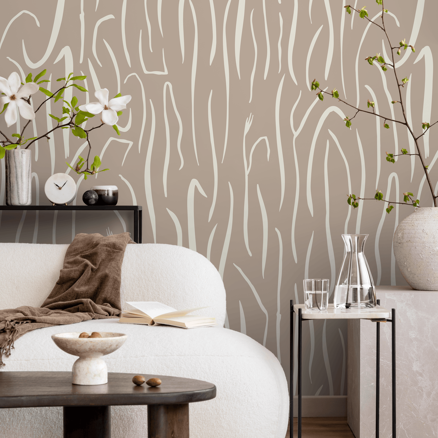 Beige Abstract Leaf Wallpaper Boho Wallpaper Peel and Stick and Traditional Wallpaper - D617