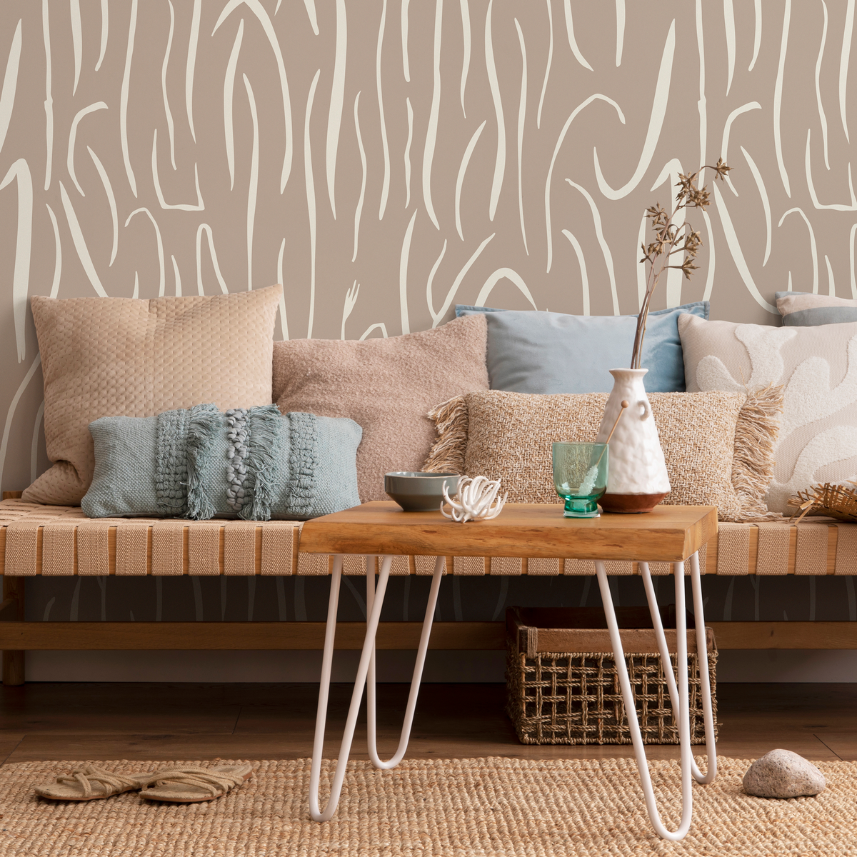 Abstract Wallpaper with Flowing Wavy Lines in Beige and Cream - detail view