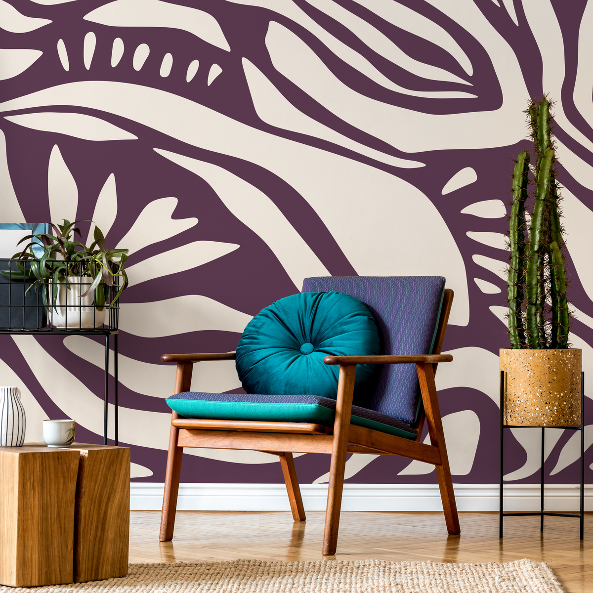 Abstract Wallpaper with Bold Organic Shapes in Purple and Beige - detail view