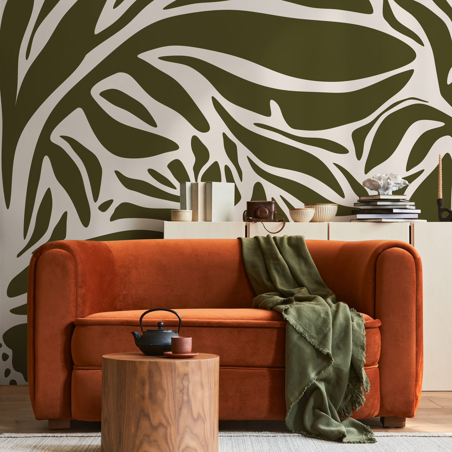 Abstract Wallpaper with Bold Organic Forms in Olive Green and Cream - D636