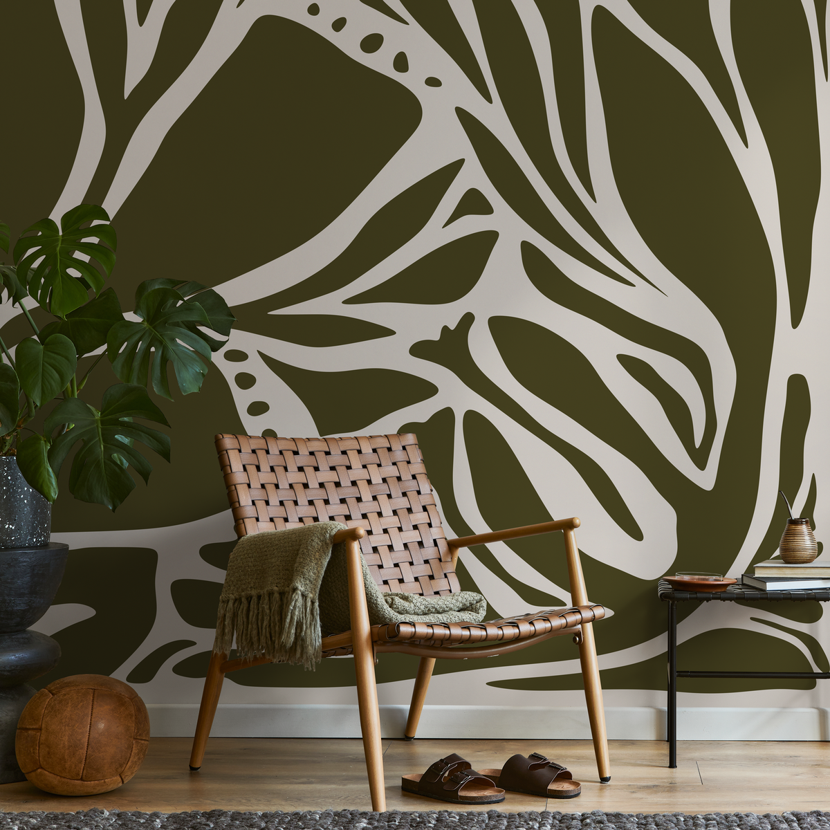 Modern Abstract Wallpaper with Bold Organic Forms in Olive Green and Cream - detail view