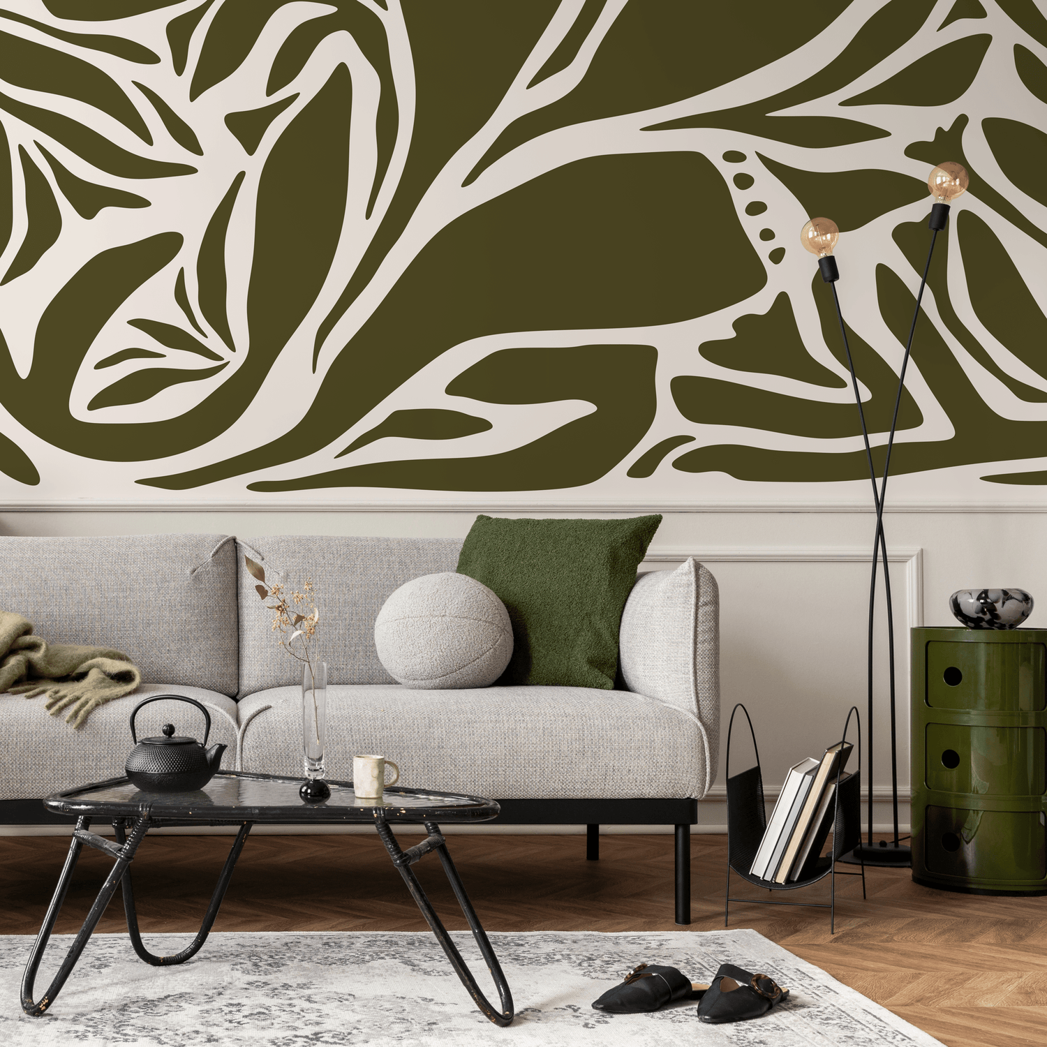Abstract Wallpaper with Bold Organic Forms in Olive Green and Cream - D636