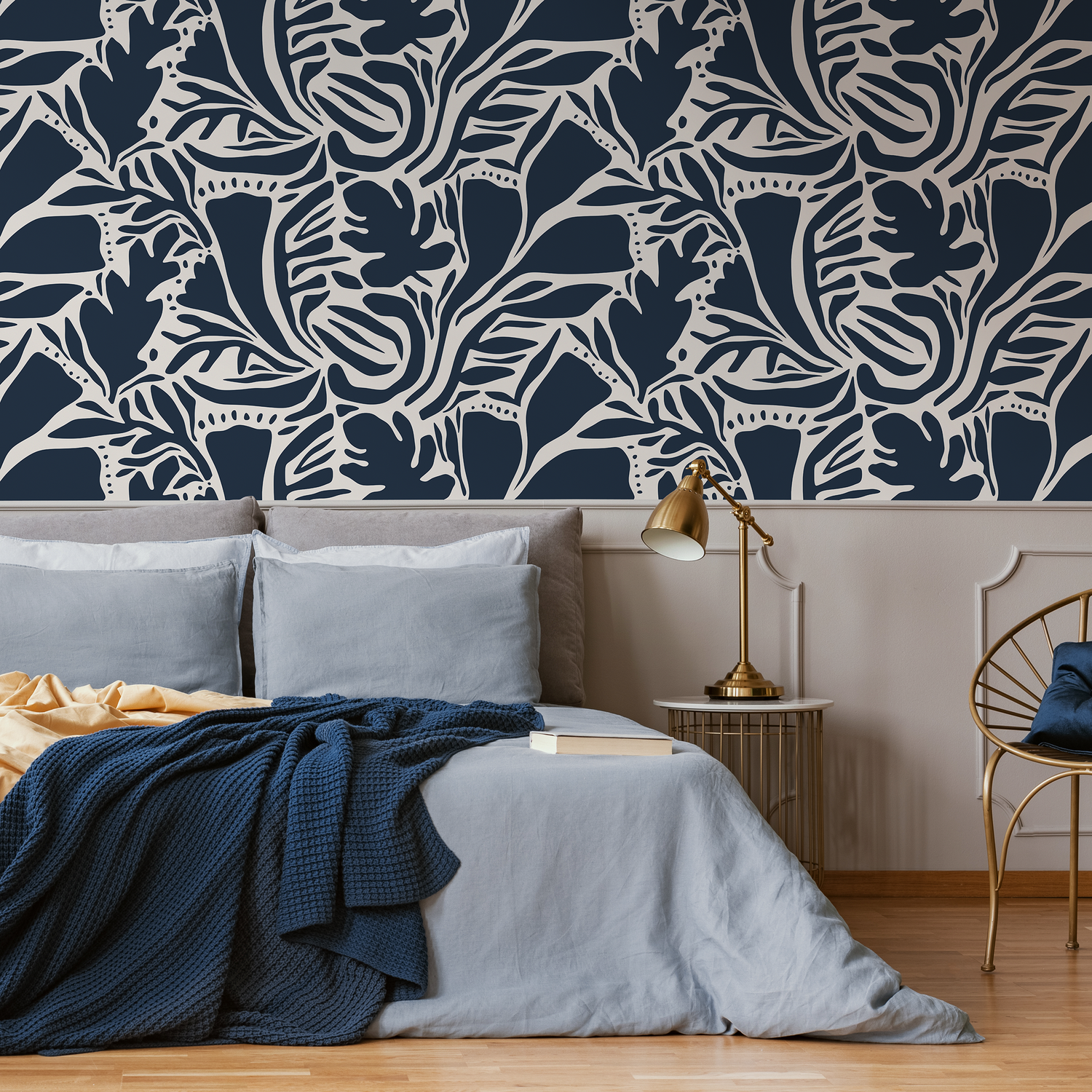 Navy Abstract Leaf Wallpaper Modern Wallpaper Peel and Stick and Traditional Wallpaper - D640