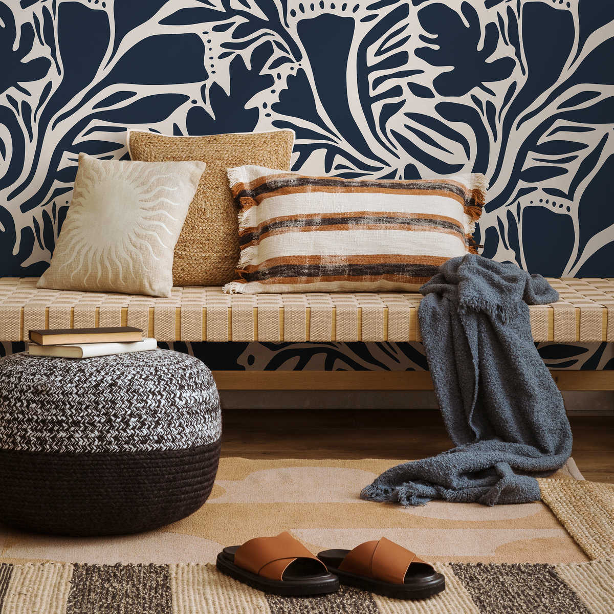 Abstract Wallpaper with Bold Leaf Cutouts in Navy and Cream - detail view
