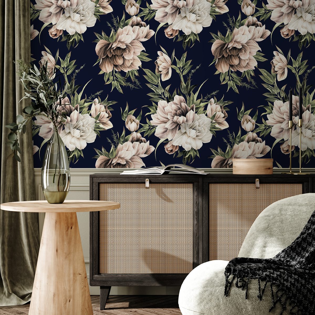 Floral Wallpaper Featuring Vintage Peonies in Dark Blue, Brown, and Cream - detail view