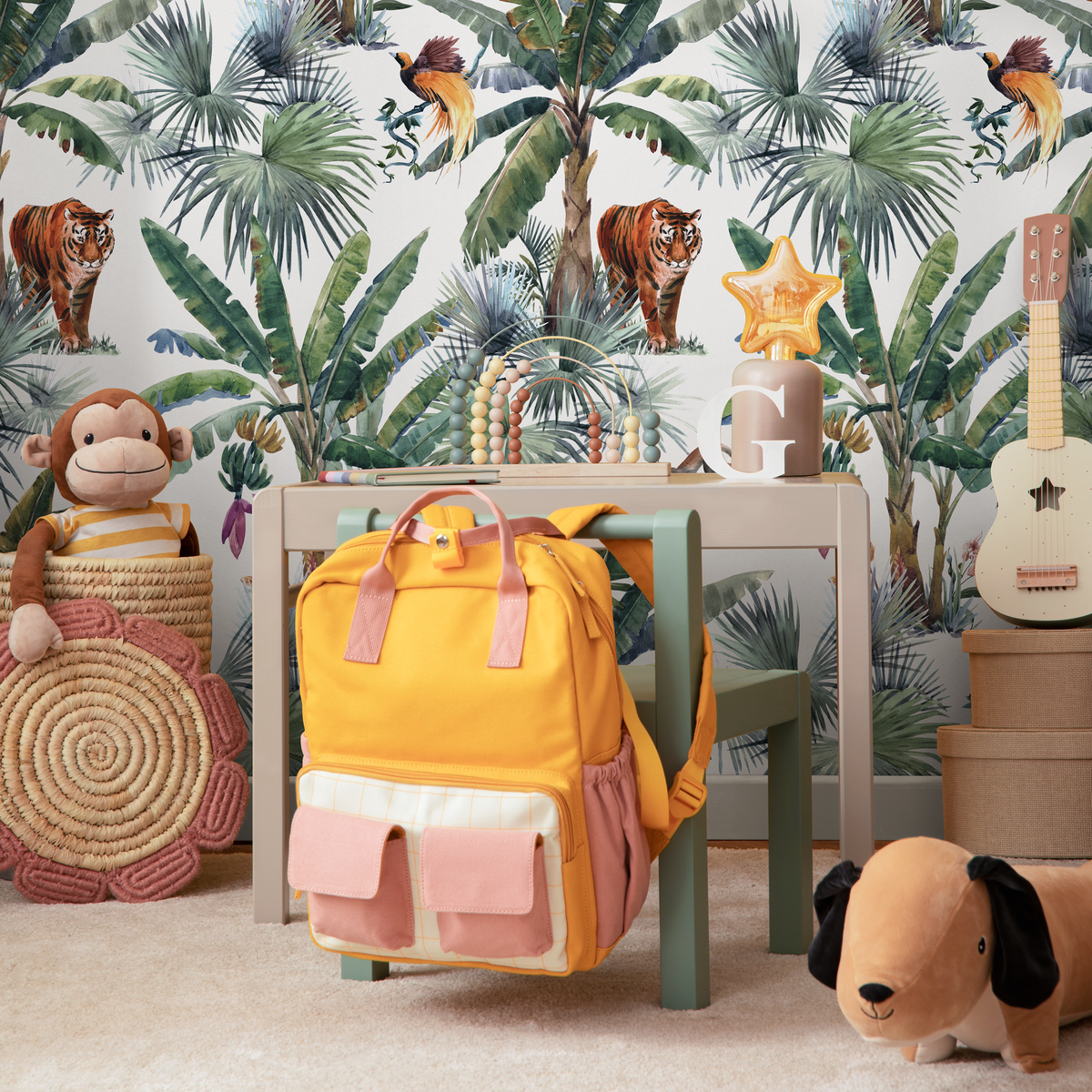 Botanical Wallpaper with a Tropical Jungle Scene in Green and Orange - detail view