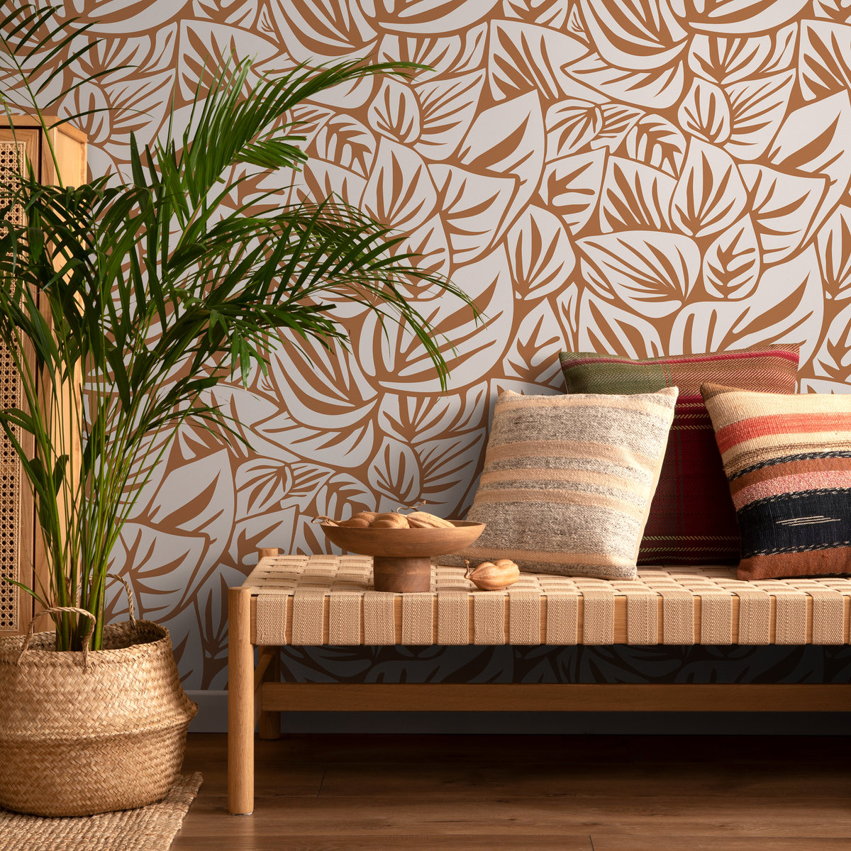 Botanical Wallpaper Featuring Stylized Leaves in Orange and Beige - detail view