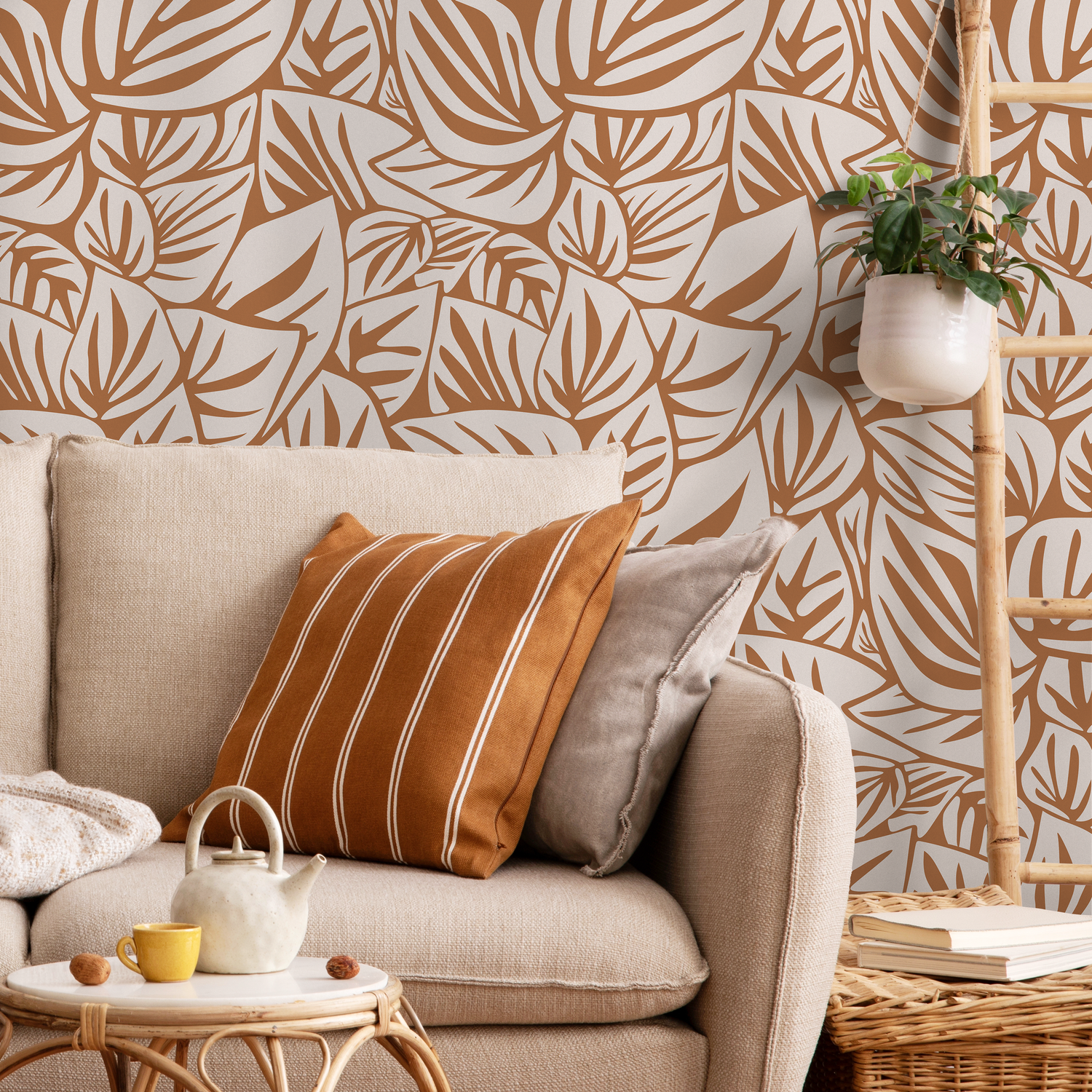 Orange Leaf Wallpaper Modern Wallpaper Peel and Stick and Traditional Wallpaper - D648